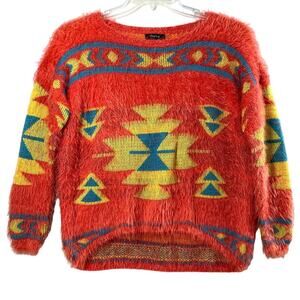 Verty Sweater Womens Medium Pullover Aztec Print Coral Yellow Blue Fuzzy Western